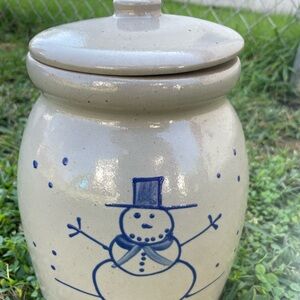 Vtg Beaumont Brothers Pottery BBP Cobalt Blue Snowman Large 9” Crock Cookie Jar